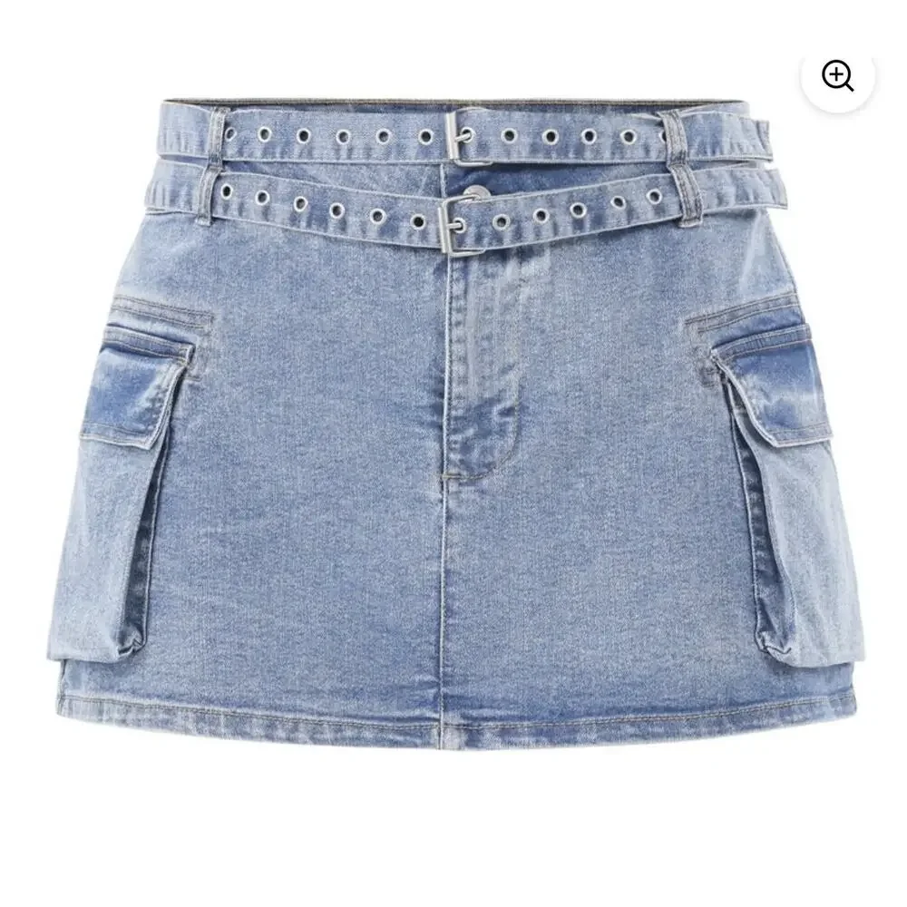 NWT Denim jean Mini Skirt Cargo Large 12-14 Double Belted festival concert
